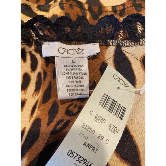 New Vintage Cache Silk Camisole Tank Brown Black Animal Print Lace Large L New - Picture 4 of 4